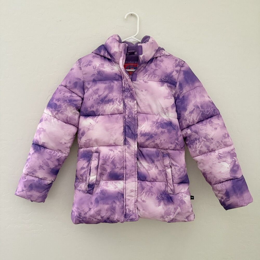 CB Sports Girls L 14/16 Purple Mountain Print Puffer Jacket Hooded Fleece Lined